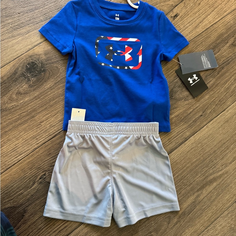NWT Under Armour Blue Freedom Tee and Gray Athletic Shorts Set